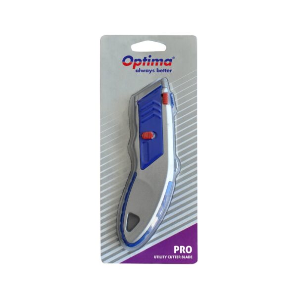 Cutter profesional Optima, lama trapezoidala + 5 rezerve SK5, cu auto-incarcare, zinc cu rubber grip