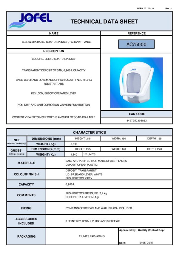 Dozator de dezinfectant, actionabil cu cotul 900 ml