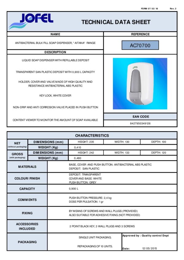 Dozator de dezinfectant cu auto sterilizare Jofel Antibac – 900 ML